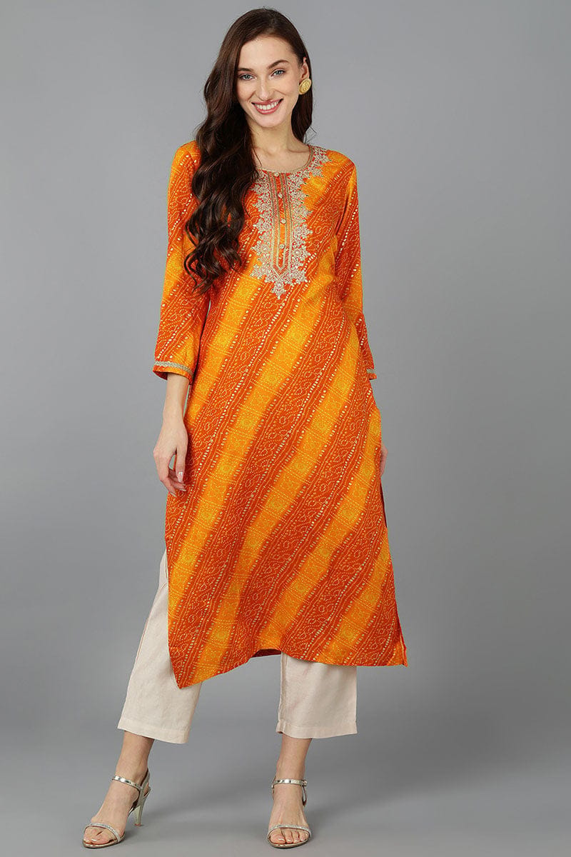 Orange Viscose Rayon Bandhani Embroidered Straight Kurta VCK9060
