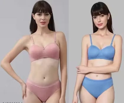 WildGirls - Bra & Panty Set Solid Pink, Blue Lingerie Sets (Pack Of 2)
