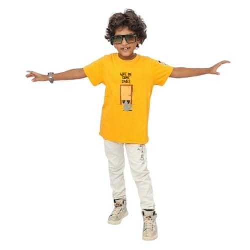 KUCHU Kids Give Me Some More Space Printed T-Shirt (Yellow, 10–11 Years) | Cotton Modal Fabric | Breathable | Lightweight | Comfortable Wear