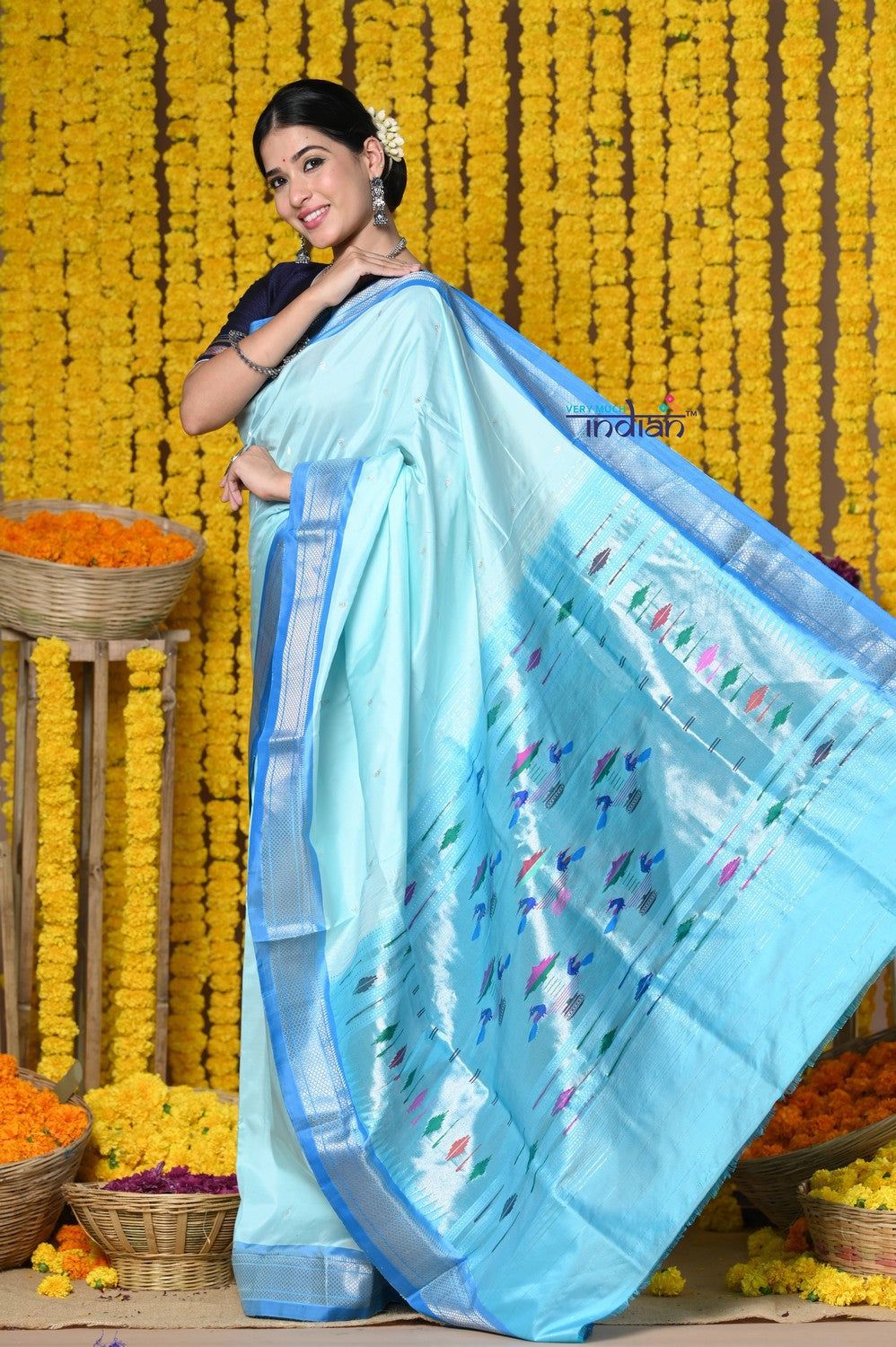 Premium~ Handloom Pure Silk Silver Zari Paithani Saree WIth Handcrafted Traditional Double Pallu - Powder Blue