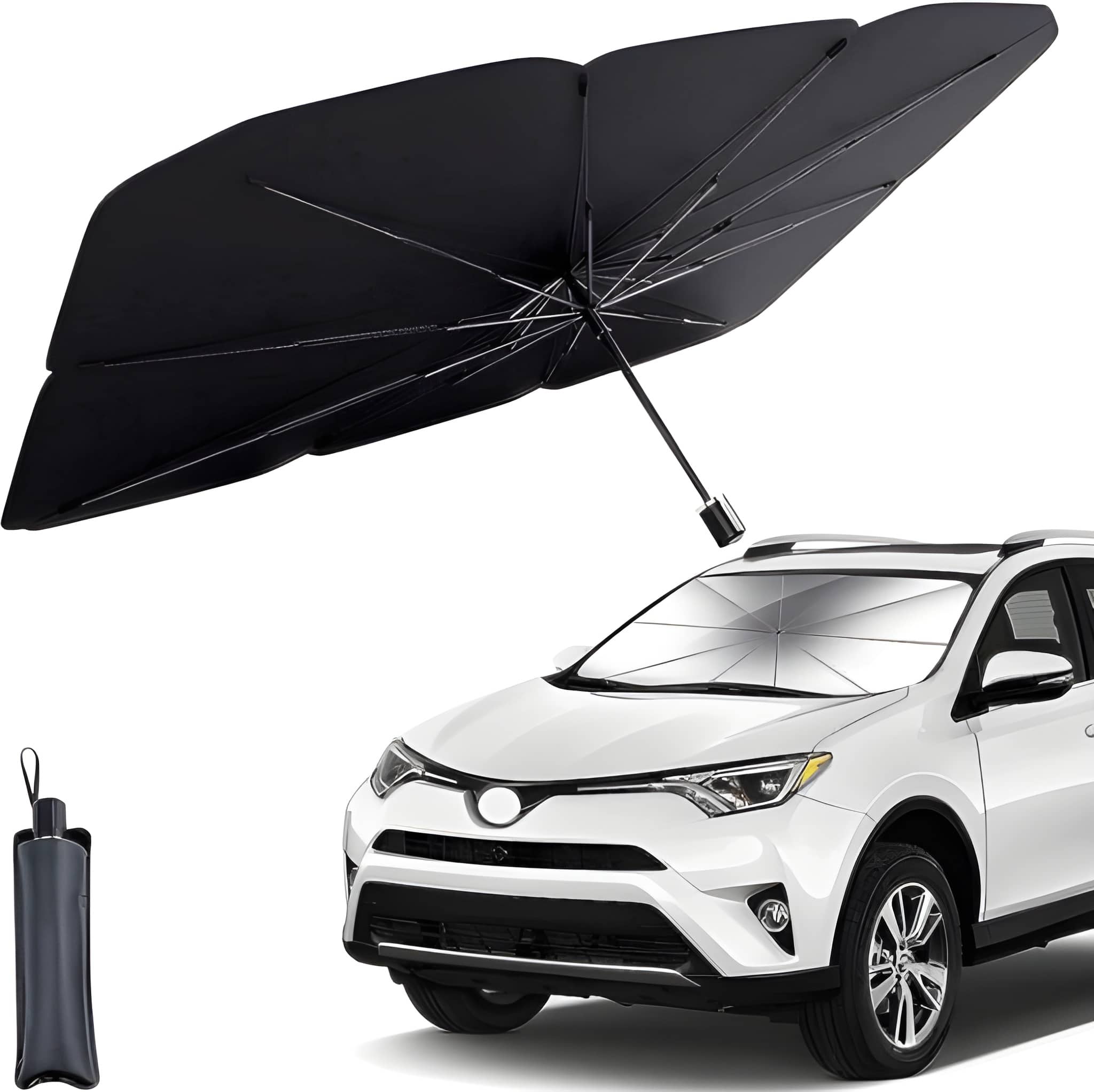 Heavy Duty Car Sun Shade Windshield Foldable Umbrella | Front Window Sunshade with Heat Insulation & UV Protection | Foldable Full Cover Windshield Sun Protector Fit for Most Cars (Black)