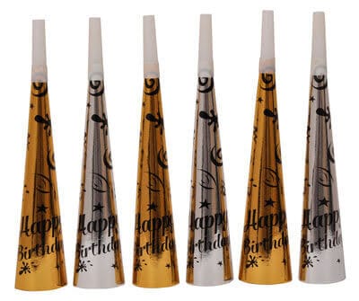 Golden & Silver Happy Birthday Noise Makers - 6PC