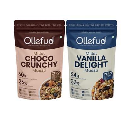 Ollefud Millet Muesli Combo | Vanilla Delight 400g + Choco Crunchy 350g | With Fruits, Nuts & Seeds | Healthy Breakfast Cereal | Pack of 2 | 750g Ollefud Millet Muesli Combo | Vanilla Delight 400g + Choco Crunchy 350g | With Fruits, Nuts & Seeds | Healthy Breakfast Cereal | Pack of 2 | 750g