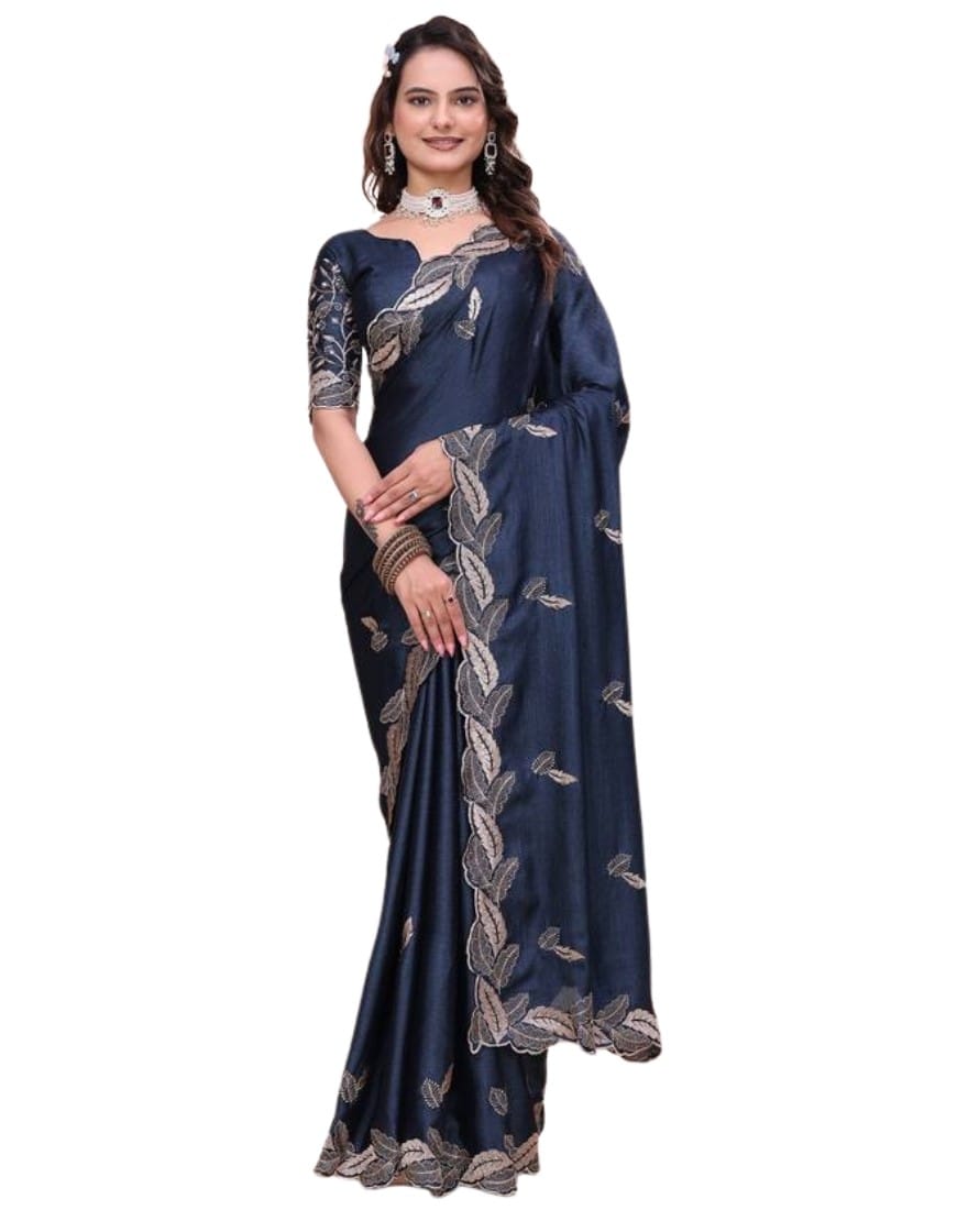GENERIC Women's Georgette Embroidered Saree With Unstitched Blouse 5.5Mtr (Navy Blue)-PID67440