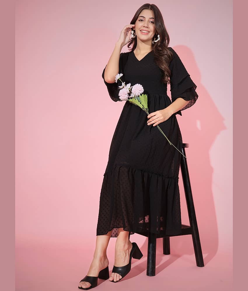 Vbuyz Georgette Embellished Midi Women's Fit & Flare Dress - Black ( Pack of 1 )