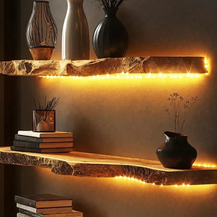 SahajHast Live Edge Wall Shelves with Integrated LED Lighting  Rustic Wood Shelf for Ambient Decor & Cozy Spaces - ( Size - 36" )