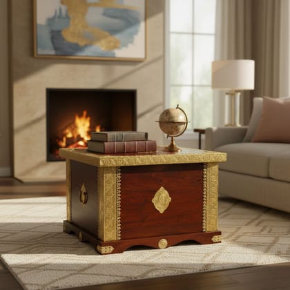 Wooden Brass Fiting Central Trunk Storage Table Box-BedSide Living Room Box Wooden Brass Fiting Central Trunk Storage Table Box-BedSide Living Room Box