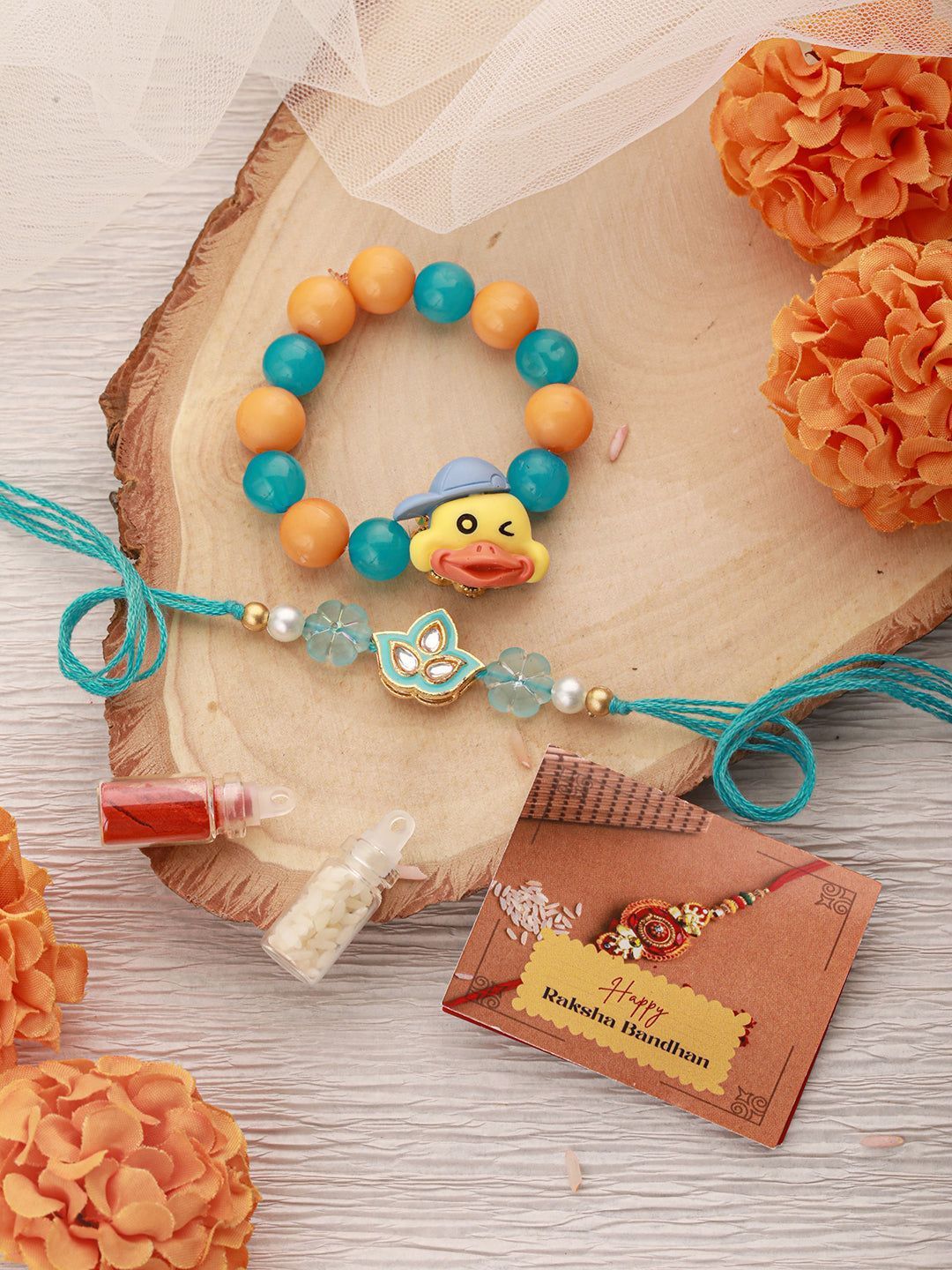 Set Of 2 Flower & Cute Duck  Bracelet Kids Rakhi For Boys & Girls with Roli Chawal