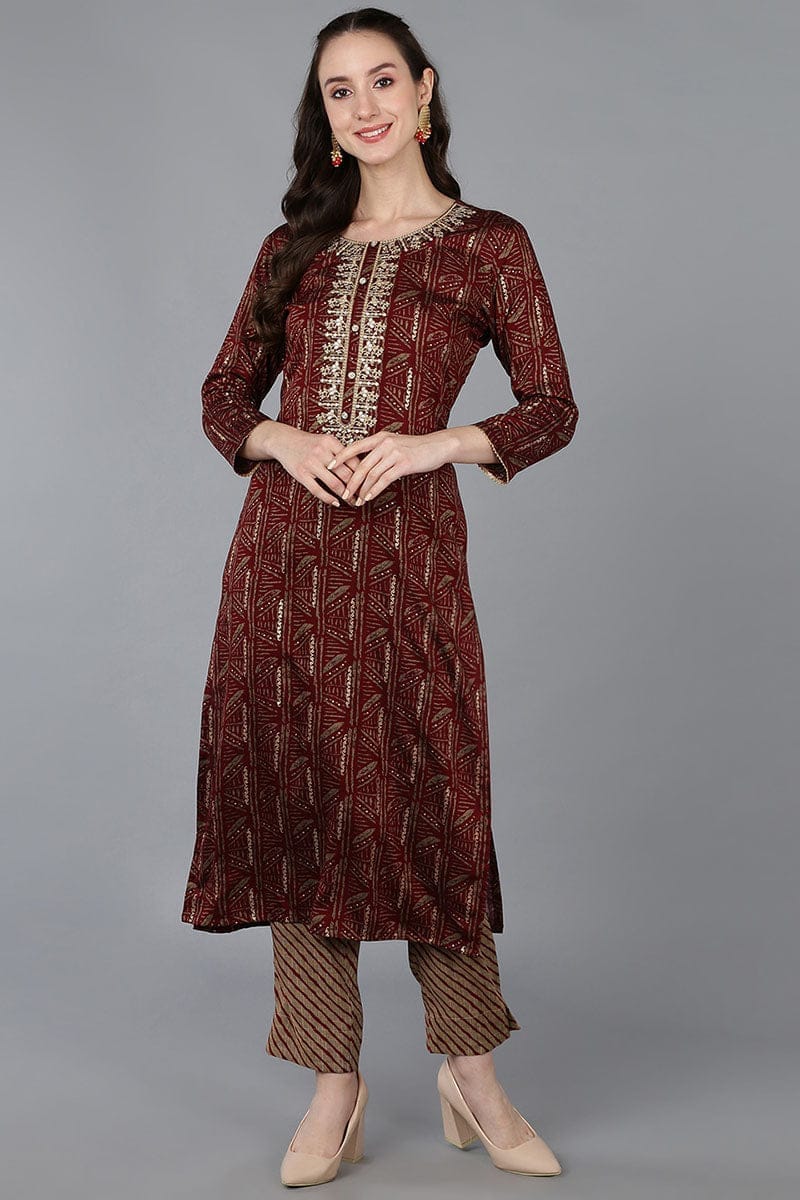 Maroon Silk Blend Ethnic Motifs Embroidered Straight Kurta VCK9031