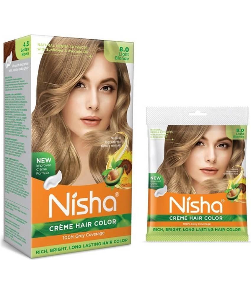 Nisha Creme Hair Color Combo Pack 8.0 Light Blonde (120g Box & 40g Pouch), Permanent Hair Colour for Women & Men