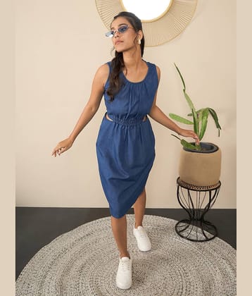 StyleStone Women Denim Solid Fit & Flare Dress ( Blue )