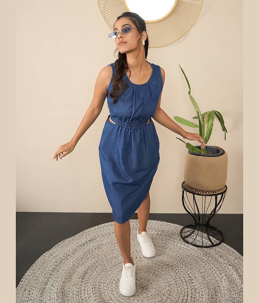 StyleStone Women Denim Solid Fit & Flare Dress ( Blue )