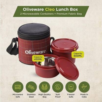 Oliveware Cleo Lunch Box | Stainless Steel Containers | Microwave Safe | Leak Proof 2 Containers Lunch Box  (1050 ml, Thermoware)