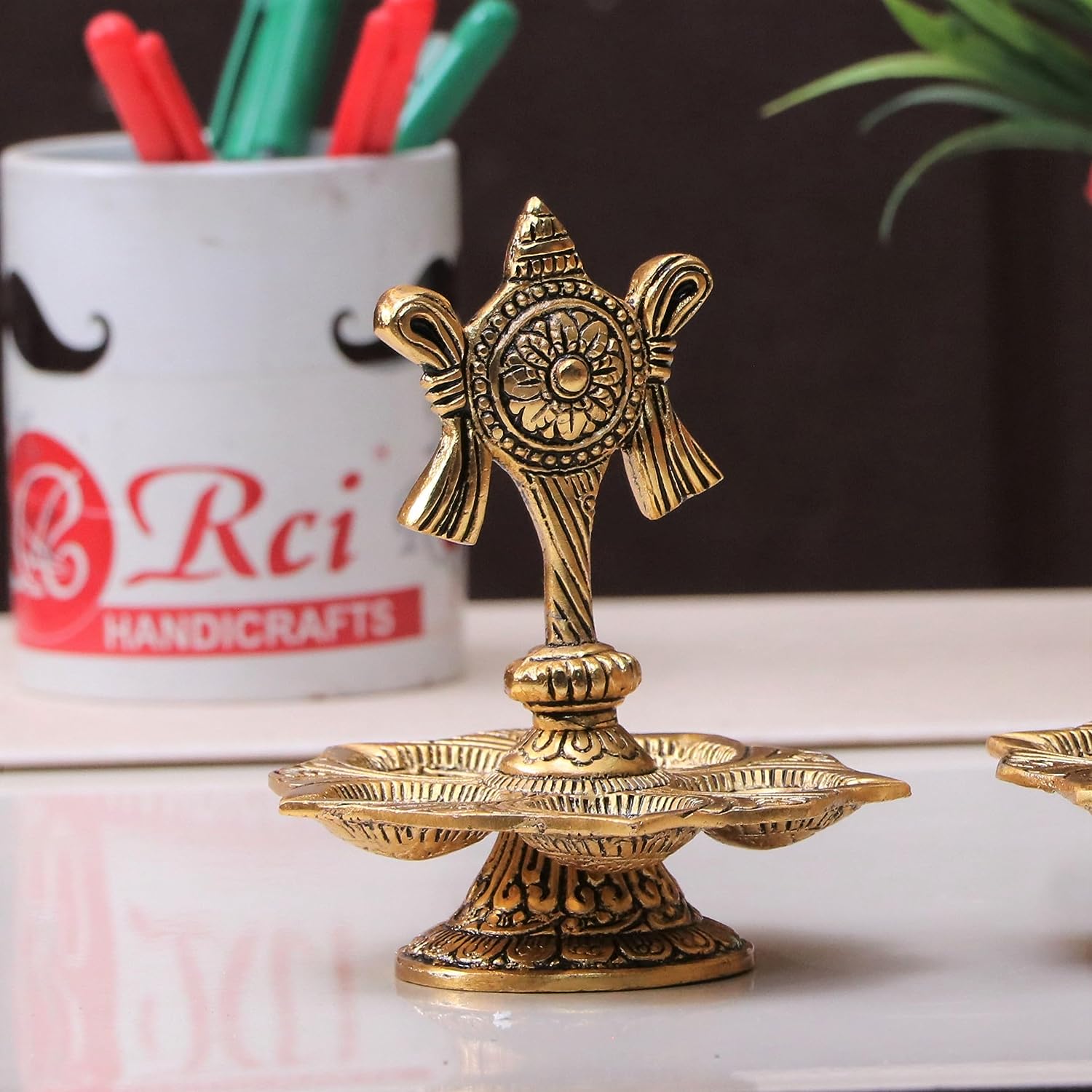 DreamKraft Metal Tirupati Balaji Panch Mukhi Diya | Chakar Stand | Gold Plated | Home & Office Pooja Decor | 11x11x12.5cm