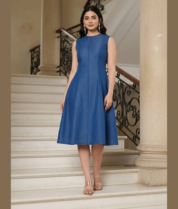 Pannkh Women Denim Solid A-line Dress ( Blue )