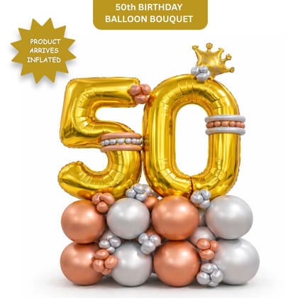 Signature Number 50 Large Golden Balloon Bouquet Arrangement with Small Crown & Silver, Rosegold Latex Balloons