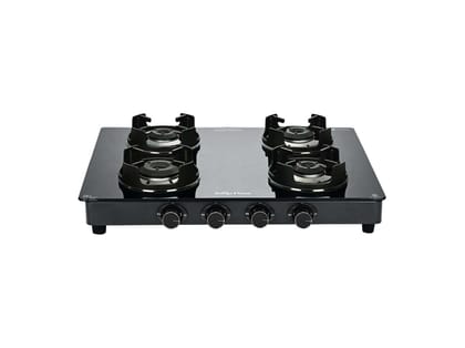 Surya Flame Black Pro 4-Burner Gas Stove, Massive All-Black Design, 1 Jumbo Burner, Toughened Glass, Brass Burners, Flame Guard Pan Support - Black