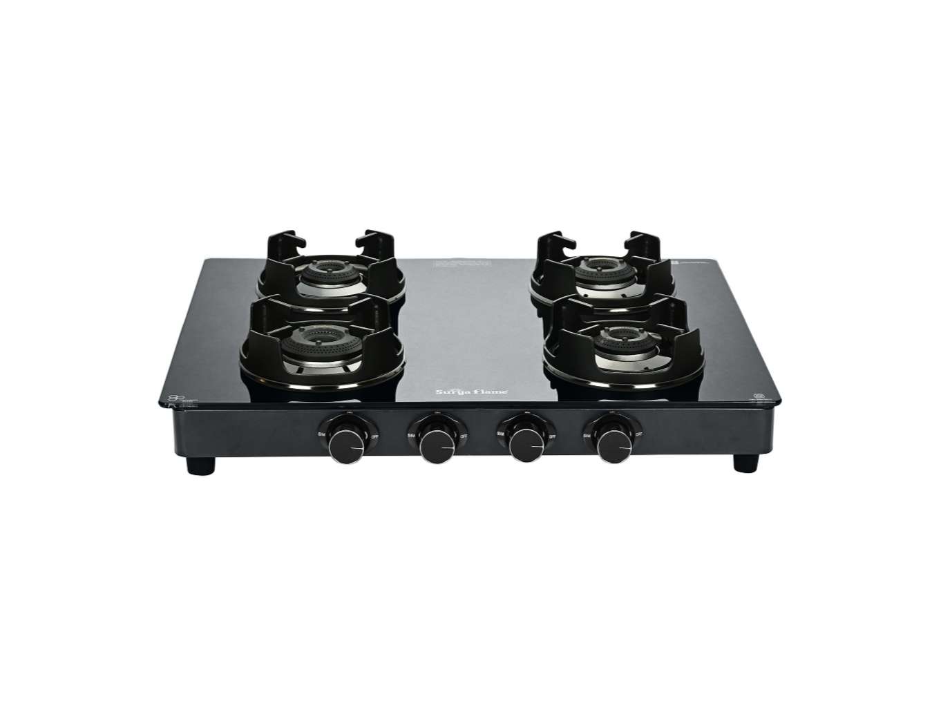 Surya Flame Black Pro 4-Burner Gas Stove, Massive All-Black Design, 1 Jumbo Burner, Toughened Glass, Brass Burners, Flame Guard Pan Support - Black