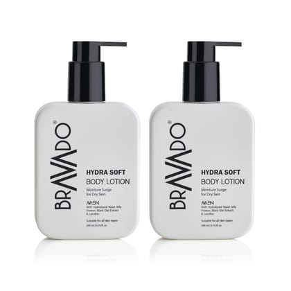 BRAVADO Hydra Soft Body Lotion with SPF | Deep Moisturizing, Nourishing, Soothing, anti-aging, & Anti Irritant Skin | Repair Rough, Dry Skin | Buy 1 & Get 1 Free | Daily Body Cream | 200ml - Pack of 2