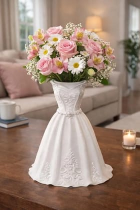 Wedding Dress Shaped Flower Vase, White, Embossed Floral Design, 18 cm, Bridal Table Centrepiece