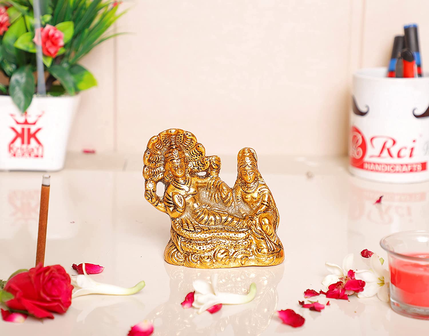 DreamKraft Metal Gold Plated Laxmi Narayan on Sheshnag Showpiece Figurines (Golden, Standard size)