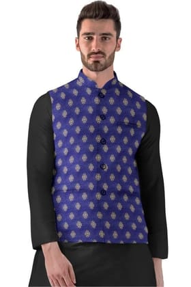 Men's Jacquard Printed Full Sleeve Waistcoat (Blue, 40)-PID53489