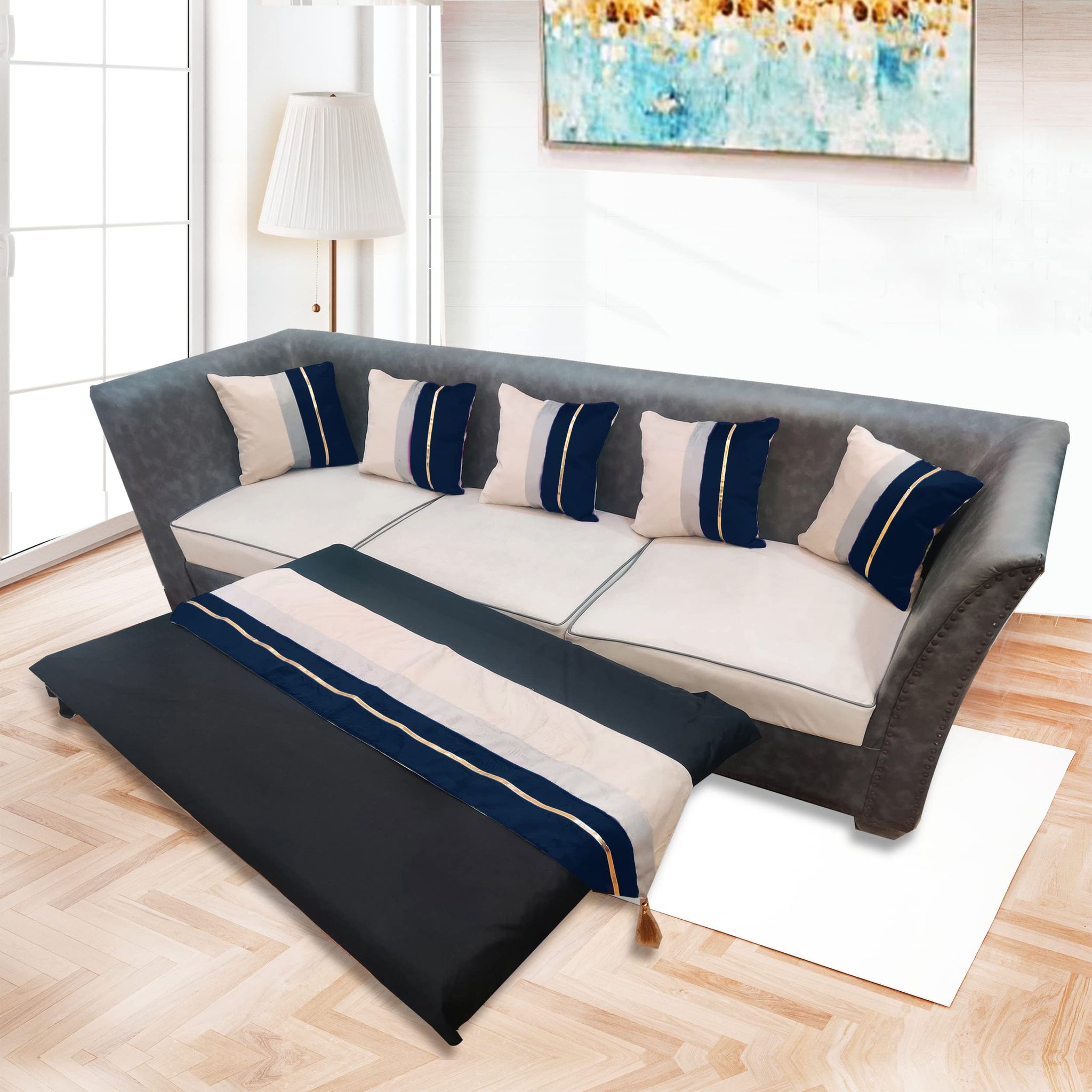 Blue Beige Gold Leather Velvet 5 Cushion Covers and 1 Table Runner Combo Luxury Modern Pillow Cover Decorative Pillow for Sofa Living Room Bedroom |16X16 Inch Cushion Cover I12 X 59 Inch Runner