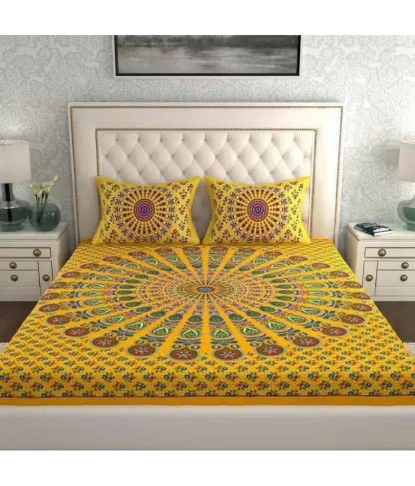 Poorak Cotton 1 Double Bedsheet with 2 Pillow Covers ( Yellow )