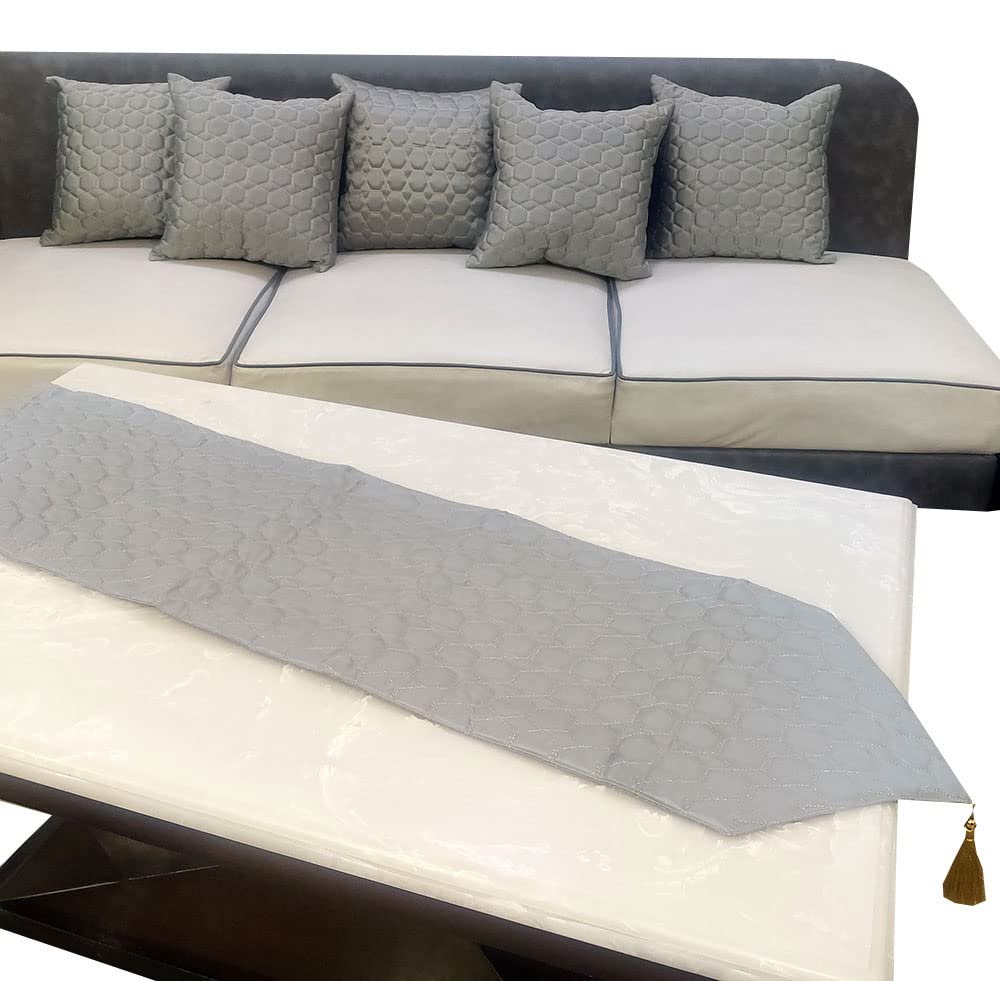 GOODVIBES Grey Silver Woven 5 Square Quilted Cushion Cover and 1 Table Runner Combo Luxury Modern Pillow Cover for Sofa Living Room Bedroom |16X16 Inch I12 X 59 Inch Table Runner