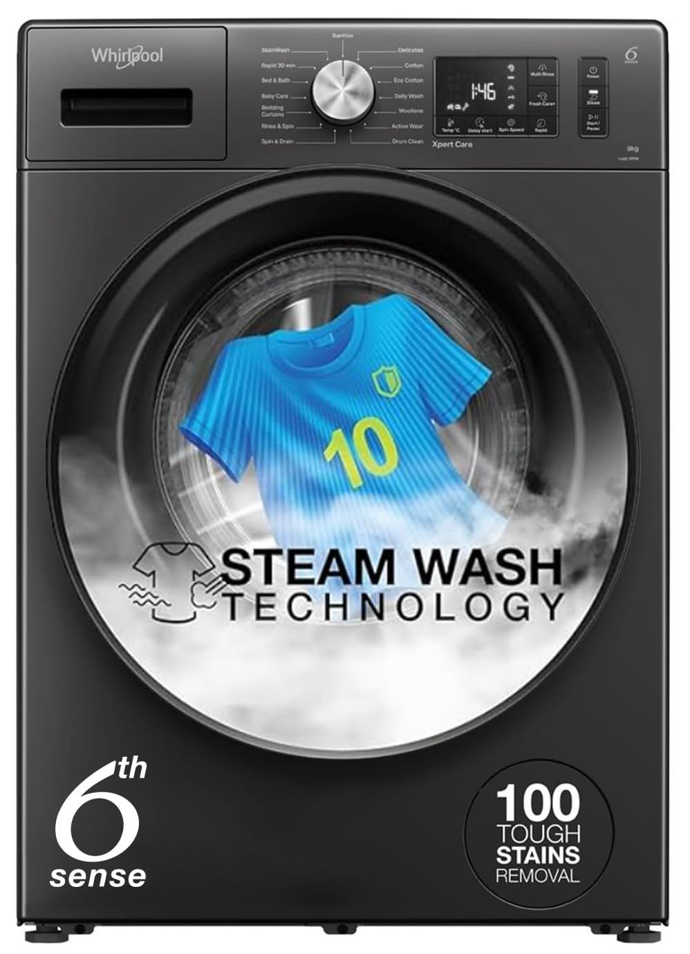 Whirlpool 8 Kg 5 Star Inverter Supreme Care Front Load Fully Automatic Washing Machine with In-Built Heater (XS8014BWME, MidNight Grey, Steam Technology, 100+ Tough Stains, 6th Sense Soft Move) Whirlpool 8 Kg 5 Star Inverter Supreme Care Front Load Fully
