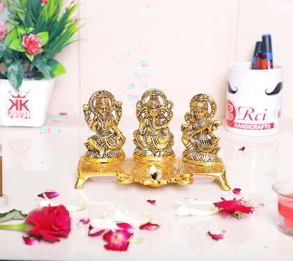 DreamKraft Laxmi Ganesh Saraswati Metal Idol Decorative Platter with Diya (Gold)