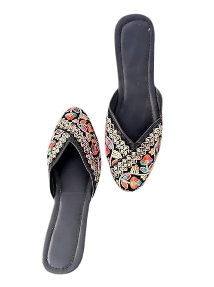 TULIP Traditional Artisians' Upliftment Livelihood Program Women's Embroidered Cross Strap Sandals, Black with Multicolor Floral Pattern, Mirror Work Detail, Slip-on Style