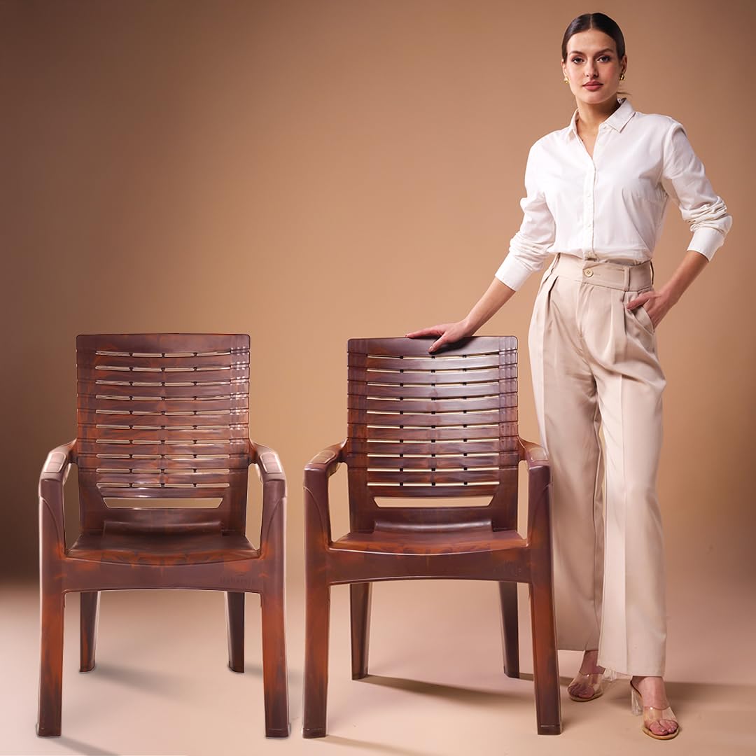 MAHARAJA Premium Plastic Chair Ergonomic Armrest Design, Ultra-Durable & Comfortable for Daily Use, Stylish & Sturdy Seating Solution (Teakwood, Pack of 2)