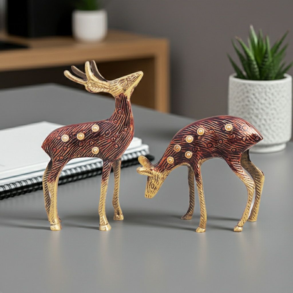 Premium Brass Deer Pair Home Decorative Showpiece Statue – Handcrafted Design, Height : 14.9 Inch (ANMAS221 A)