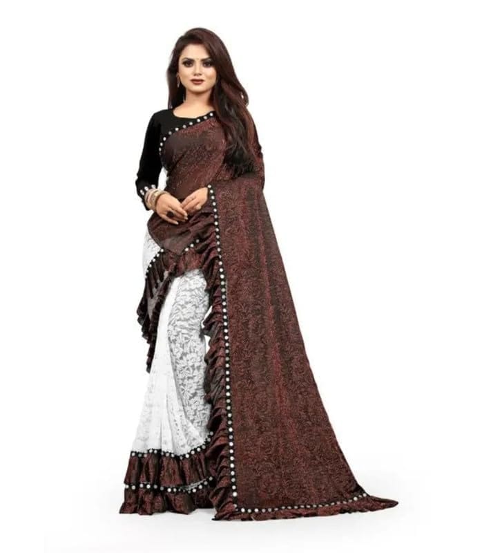 Women's Silk With Mirror Lace Solid Saree With Unstitched Blouse (Brown, 5-5 Mtrs)-PID55710