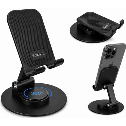 SOOPII Mobile Stand for Desk with 360 Rotating Base, Adjustable Phone Holder with Heavy Metal Base, Carbon Steel Desktop Stand Phone up to 6.9Inch Z10
