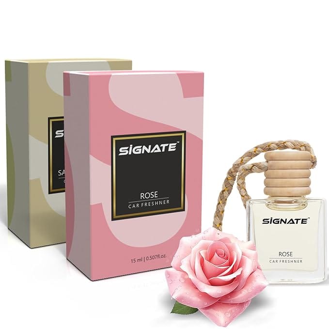 Signate Car Perfume with Natural Fragrance Essential Oils | Car Air Fresheners Long Lasting Upto 90 Days | Hanging Pod in Glass Bottle with Wooden Diffuser Lid (Rose 15ML + Sandal Air 15ML)