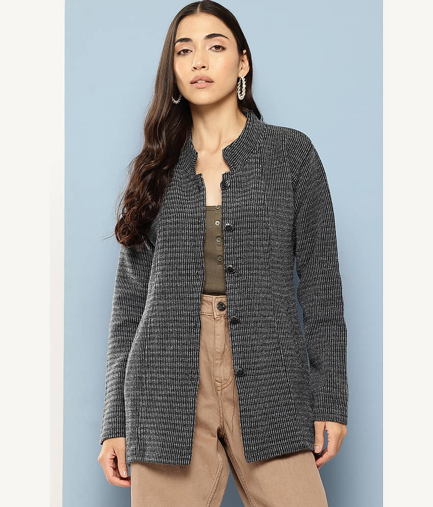 Aarika Women Woollen Mandarin Collar Cardigan ( Black )