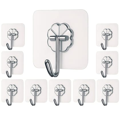 Self Adhesive Wall Hooks - Heavy Duty Wall Hooks for Hanging | Nail Free Sticky Hooks for Wall Heavy Items Without Drilling, Transparent Wall Hanger Hook (10)