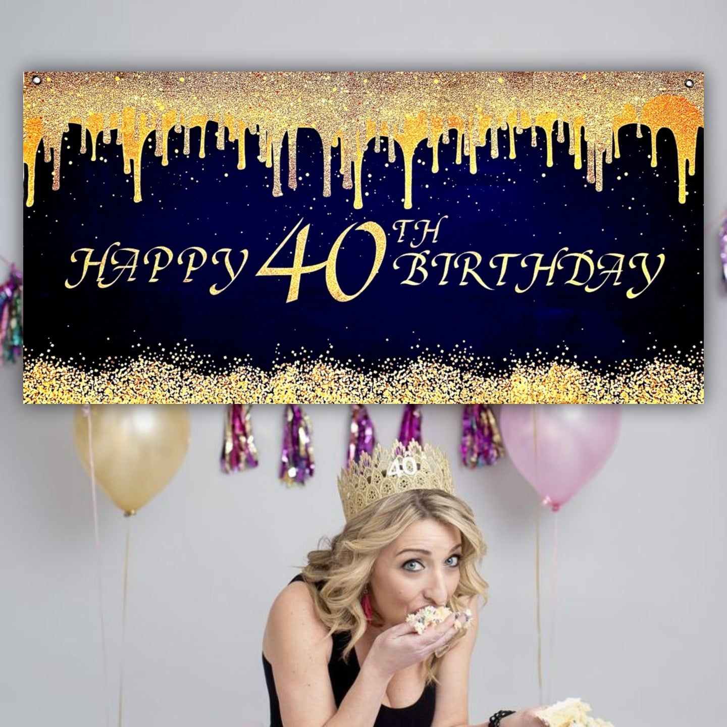 Happy 40th Black & Golden Birthday Theme Happy Birthday Banner for Wall Decor -  4FT X 2FT - 1PC