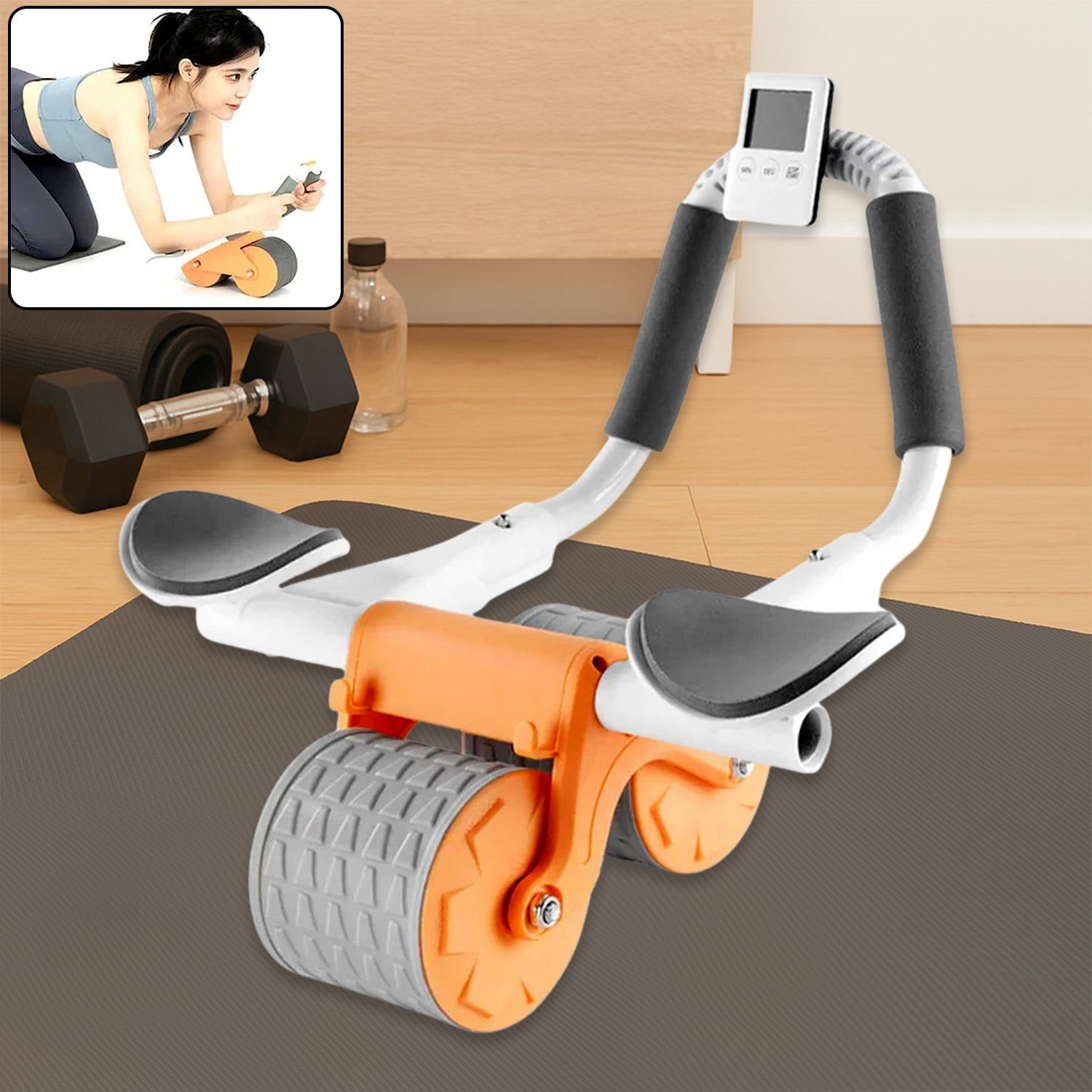 Automatic Rebound Abdominal Wheel, Ab Roller Wheel with Timer Elbow Support for Beginners, Exercise Double Wheel with Knee Mat Holder for Body Fitness Strength Training Home Gym