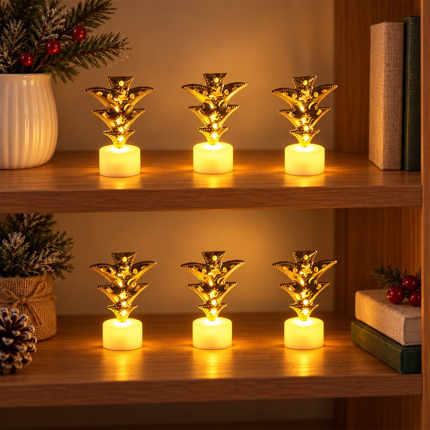 Golden Tree Flameless LED Tealight Candles for Festive Home Decor (6 Pc Set)