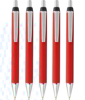 Metal Pen (pack of 5) Click Mechanism Red Retractable Ball Pen (Blue Ink)