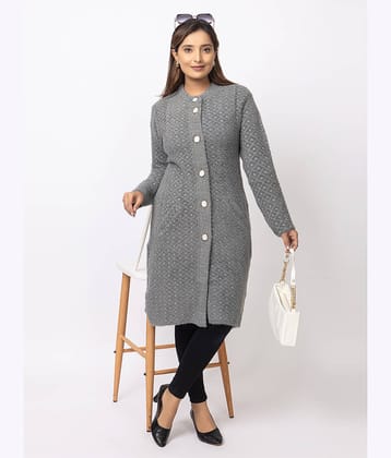 woolkart Women Woollen Mandarin Collar Cardigan ( Grey )
