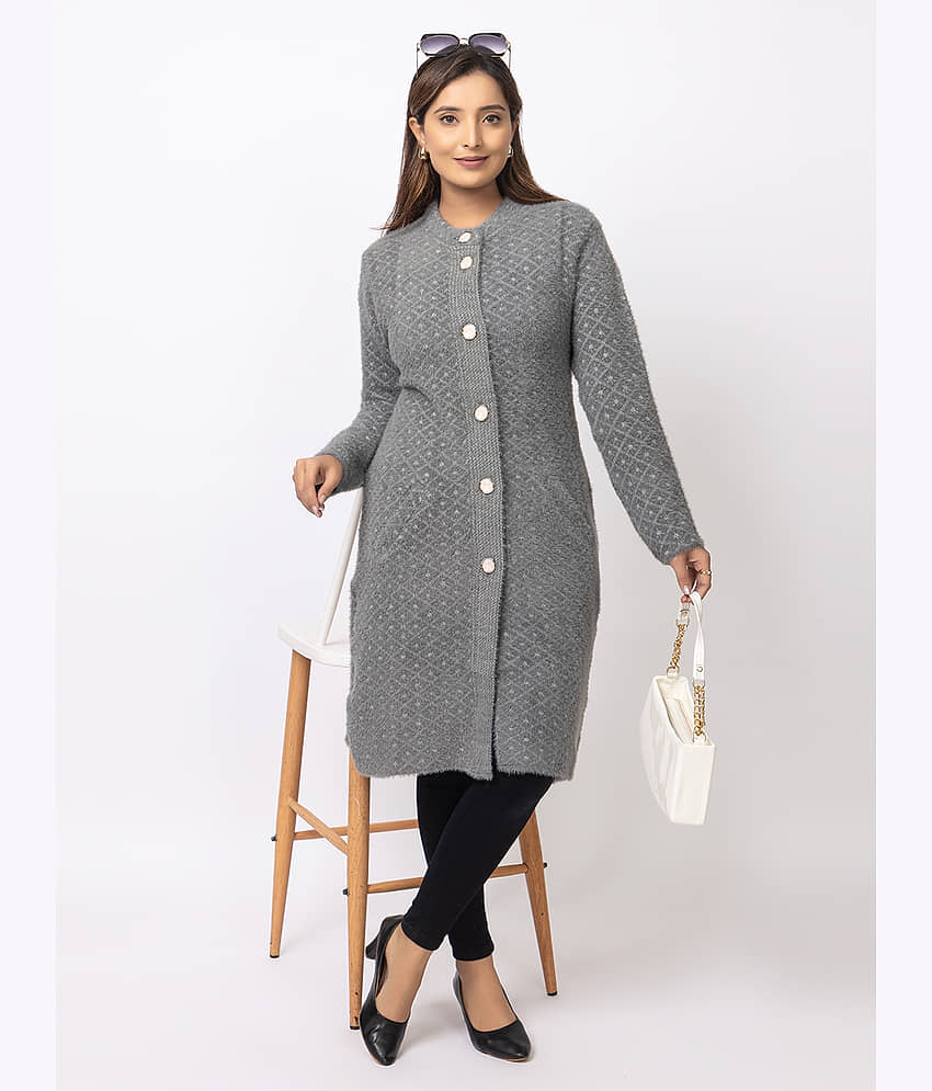 woolkart Women Woollen Mandarin Collar Cardigan ( Grey )