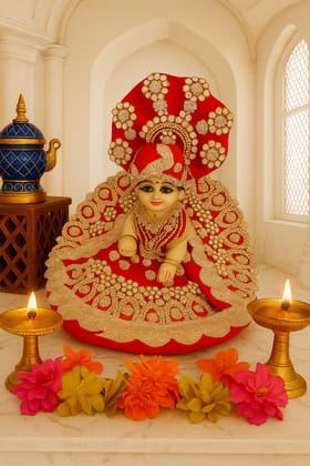Pooja Article,laddu Gopal Heavy AD Studded Full Gawn,Choli & PAGDI Set Suitable for Gopal JI Size 3,4 &5, Rajawad Style, Fancy zarkhin lace,laddu Gopal ji, krishnaji, kanhaji, thakurji, Color-RED