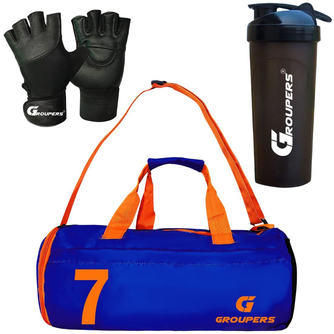 GROUPERS Combo Set of Duffle Polyester Bag with Shaker Bottle-700ml & GloveslSports & Travel Bag (Blue 07)
