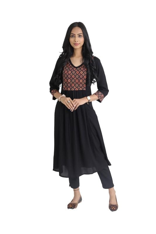 Women's Casual 3/4 Sleeve Viscose Rayon Printed Kurti (Black, L)-PID46382