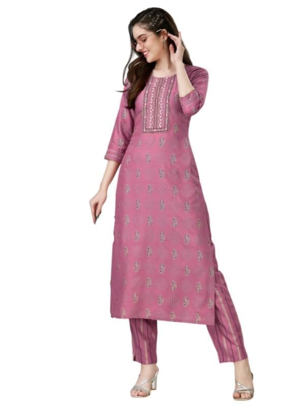 Women's Casual 3-4 th Sleeve Embroidery Rayon Kurti Pant Set (Purple, M)-PID50289