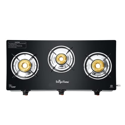 Surya Flame Splendor 3 Burner Gas Stove Toughened Glass Top Brass Burners Stainless Steel Drip Tray 69%+ Thermal Efficiency 2 Year Warranty - Black